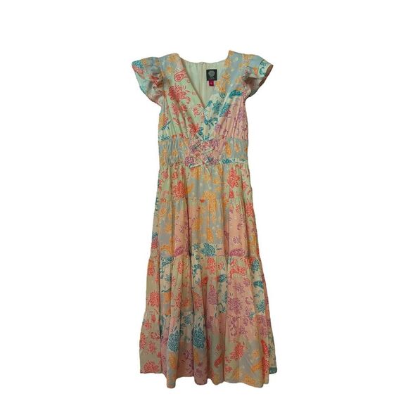 Vince Camuto Dresses & Skirts - Vince Camuto Dress Womens 4 Pink Multi Floral Maxi Tiered Bows Zip Up Cap Sleeve
